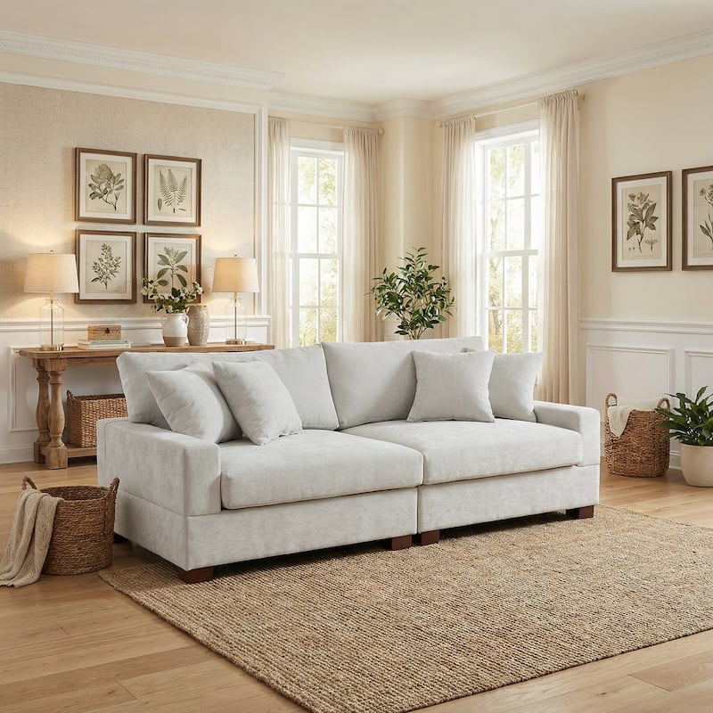 2 Set Chenille Upholstered Modular Sectional Sofa Chaise with Pillows - Off-White-2 Sofa - Symmetrical