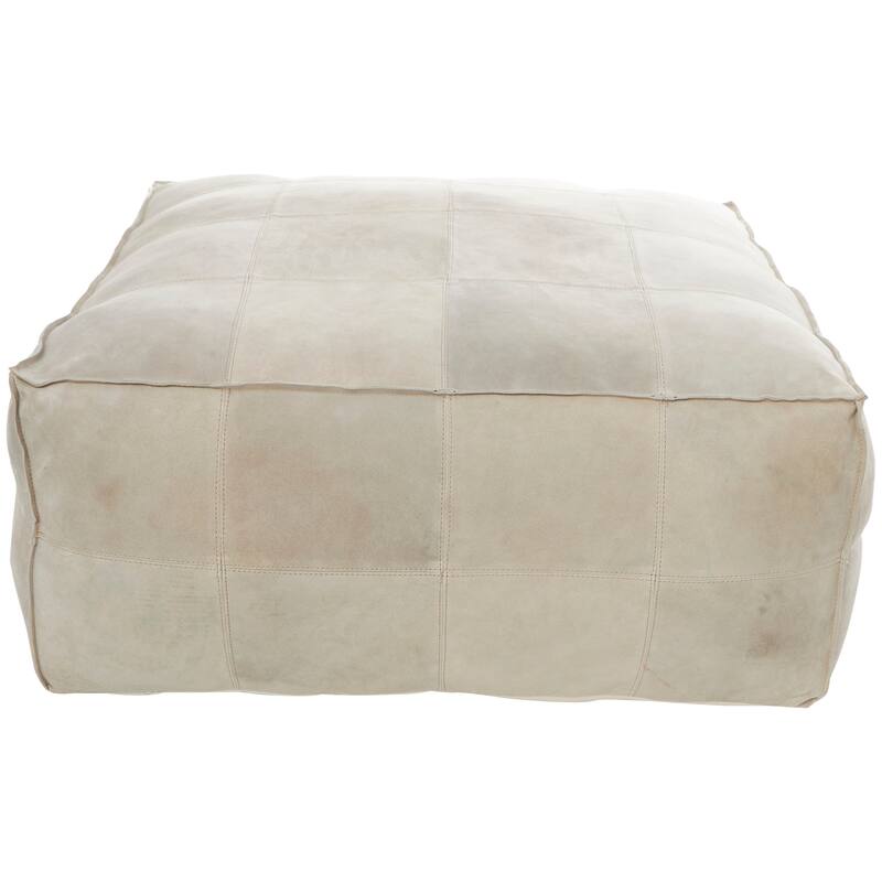 Gray Leather Low Profile Square Pouf with Patchwork Design