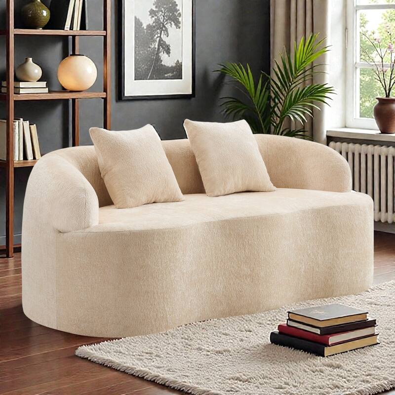 Curved Loveseat Sofa with Round Armrests, Compression Couch with 2 Pillows, Cream No Assembly Sofa