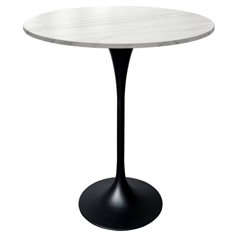LeisureMod Verve 27" Bar Height Dining Table with Sintered Stone Round Top in Black Pedestal Base - Marble White