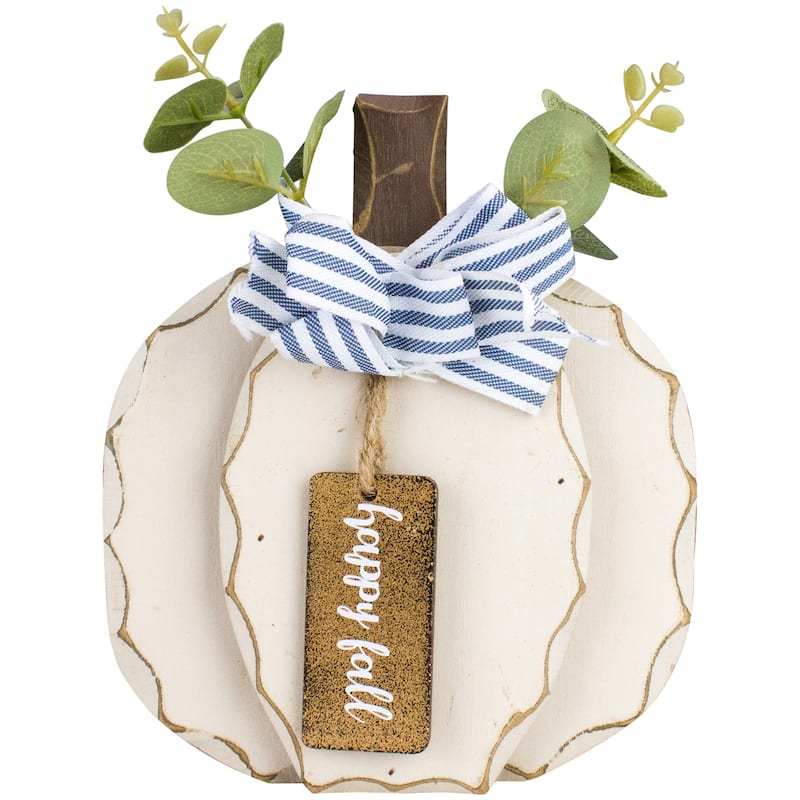 9" Beige Happy Fall Wooden Pumpkin Fall Harvest Decoration