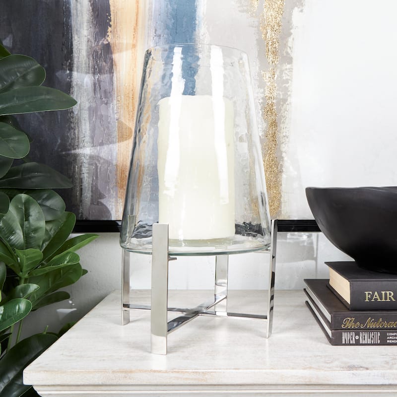 Stainless Steel Metal Hurricane Lamp with Stainless Steel X Shaped Base - Clear - Roche River Decor