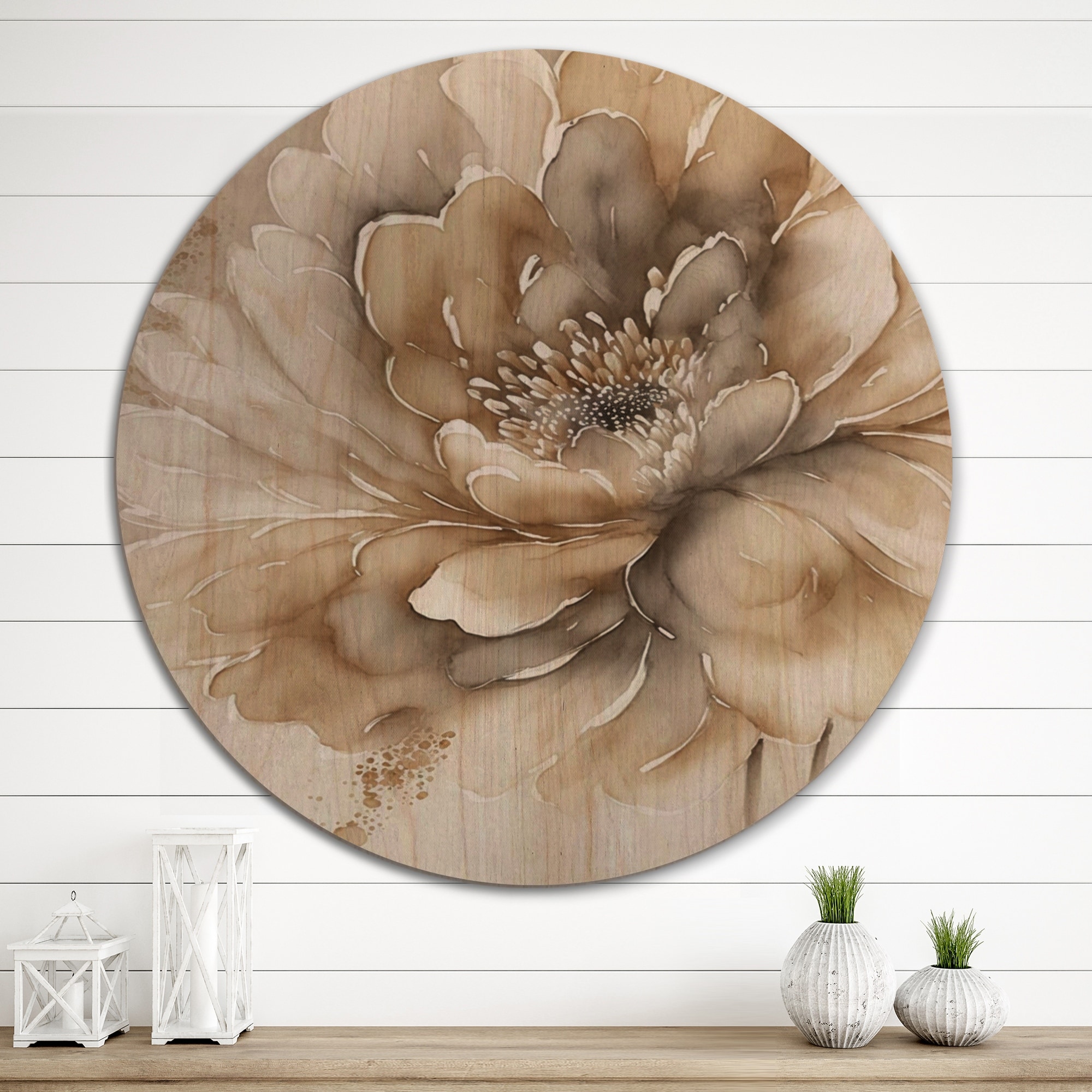 Designart "Single Beige Flower IV" Traditional Wood Wall Art Décor - Print on Natural Pine Wood