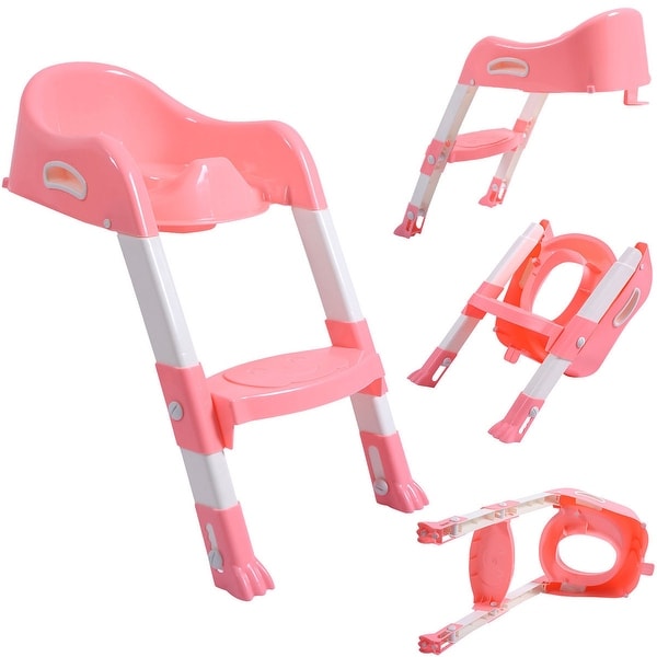 Costway Kid Training Toilet Potty Trainer Seat Chair Toddler W/Ladder Step Up Stool Pink