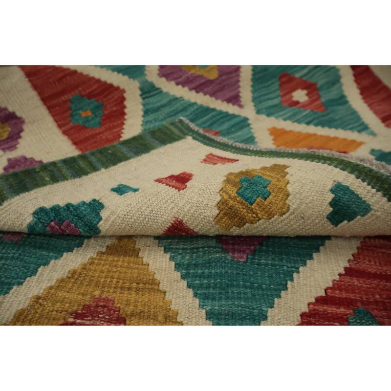 Hand Woven Oriental 100% Wool Carpet Southwestern Modern Green Kilim Runner Rug - 8' 10'' X 2' 7''