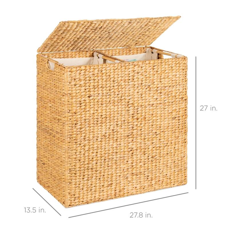 Natural Water Hyacinth 2-Bin Laundry Hamper with Lid and Canvas Liners - 27.5"L x 13.5'W x 27"H