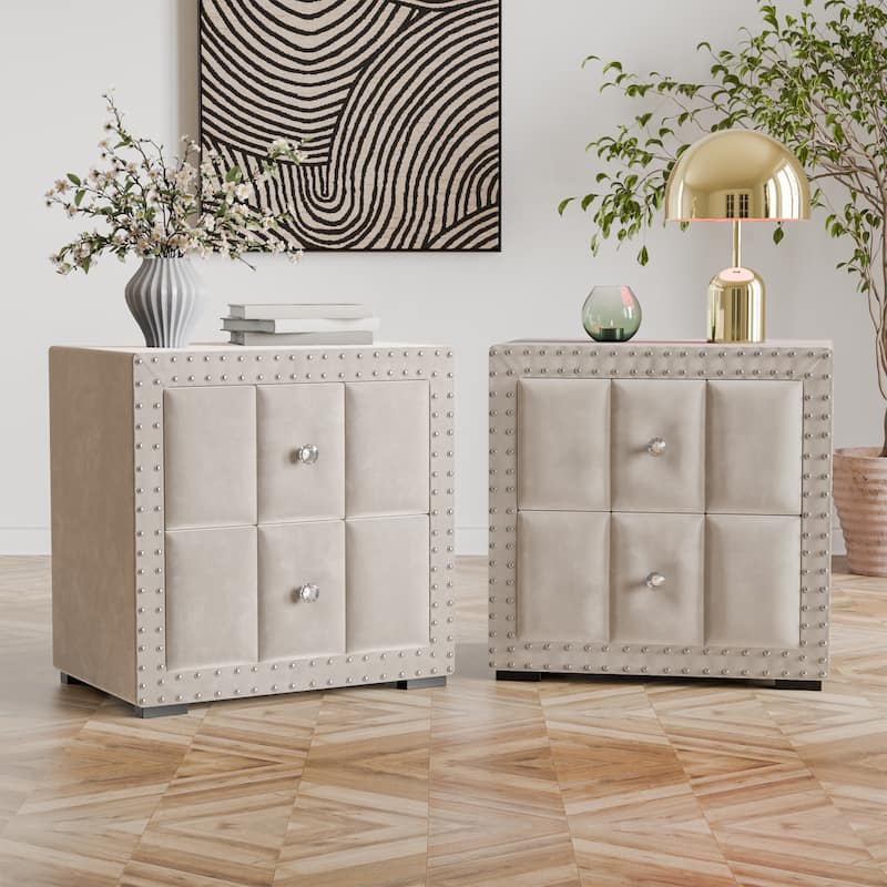 247 Shop At Home Fynor Modern Velvet 2-Drawer Nightstand (Set of 2) - Beige