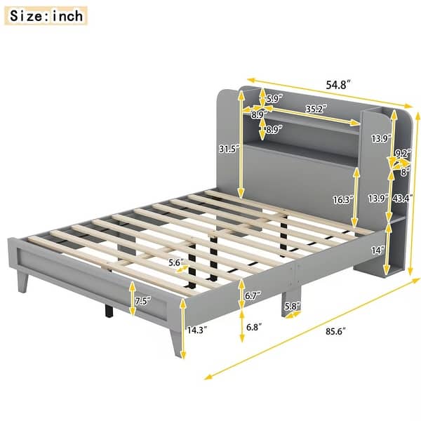 dimension image slide 2 of 4, Twin/Full Size Platform Bed with Storage Headboard, White/Gray Finish, Durable Particle Board Construction, for teenagers.