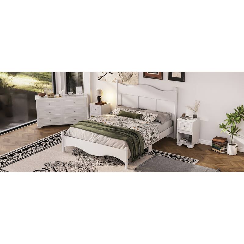 Queen Size Elegant Wood Platform Bed Frame, Retro Style, No Box Spring Needed, Sturdy Wooden Slat Support, Bedroom Furniture
