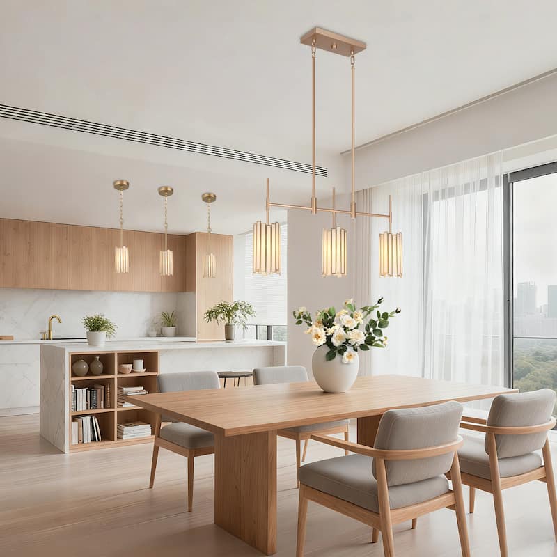 Tifany Moden Gold 3-Light Chandelier Textured Colored Glass Kitchen Island Light - L 30" x W 4.3" x H 17.3"