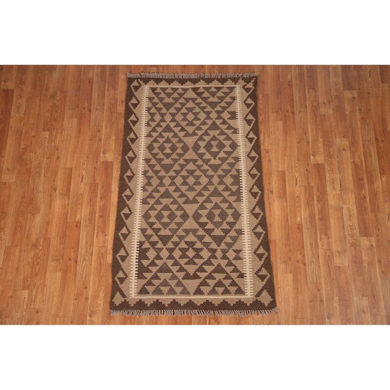 Brown Kilim Area Rug Flat-weave Wool Foyer Carpet - 2'11" x 5'0"