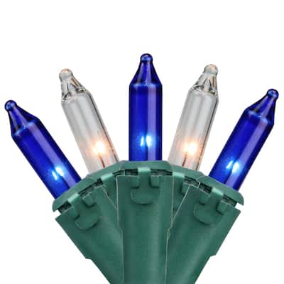 100-Count Blue and Clear Mini Christmas Light Set 20 ft Green Wire - 20'
