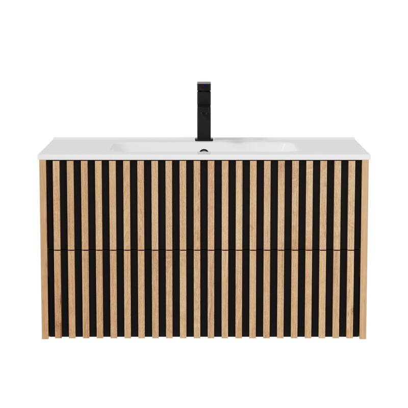 Wall Mounted Bathroom Vanity Set Mid-Century Storage Cabinet with Ceramic Sink