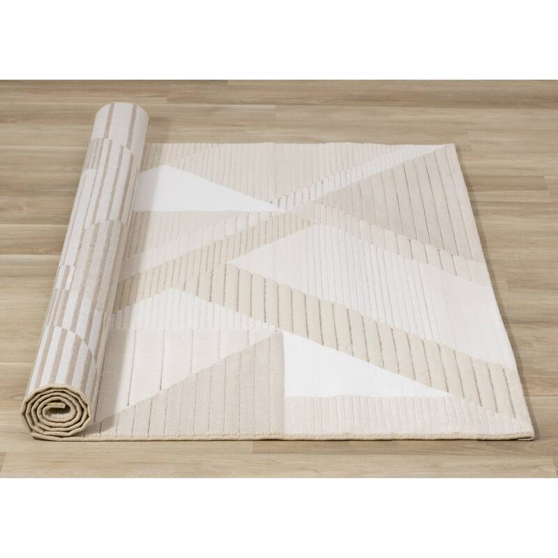 Elizabeth Collection - Beige/Blue Carved Geometric Modern Rug