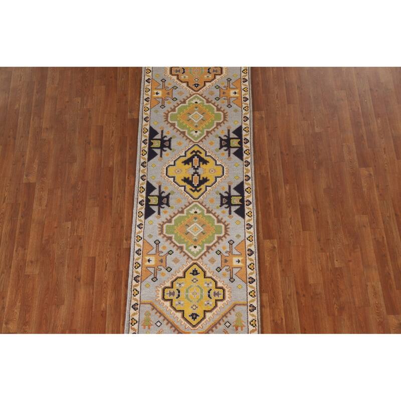 Geometric Kazak Indian Runner Rug Hand-Knotted Wool Carpet - 2'7"x 8'0"