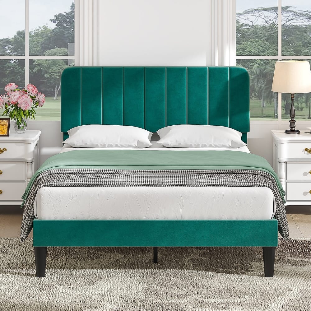 VECELO Modern Upholstered Platform Bed Frame with Adjustable Velvet Headboard Under-Bed Space for Storage No Box Spring Needed
