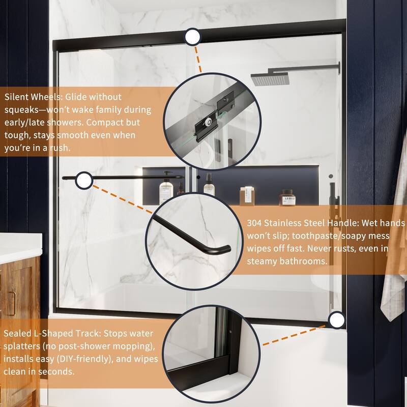 Modland 56-60" Sliding Bathtub Door, 1/4" ANSI Glass with Dual Protection Film, Matte Black Bypass Tub Enclosure