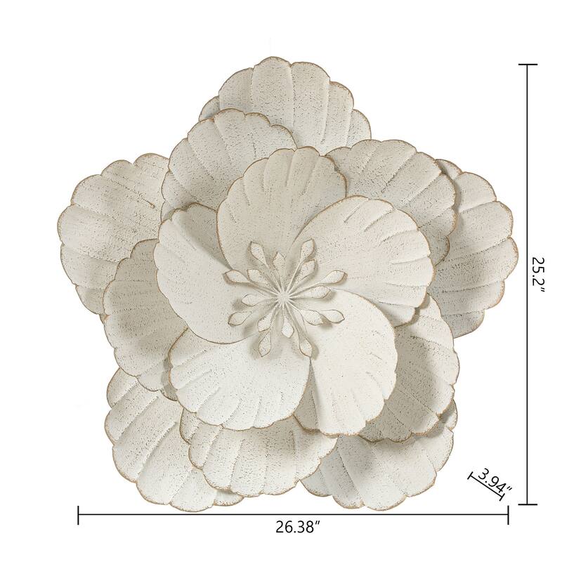 25-Inch Distressed White Metal Flower Wall Decor