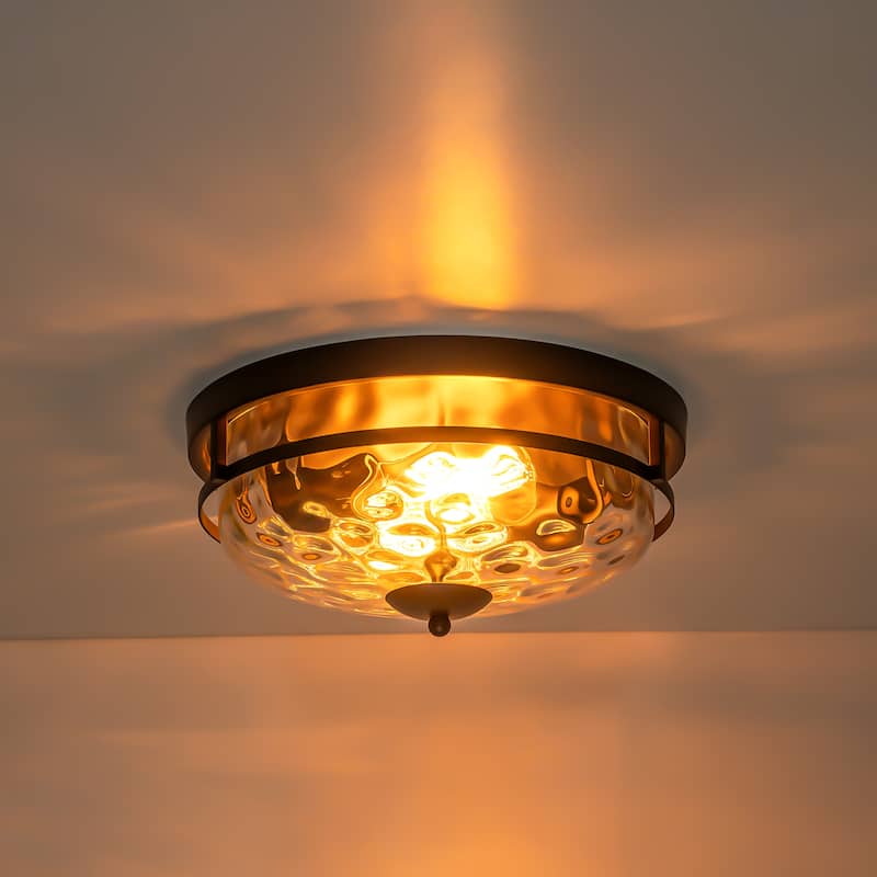 2-Light Industrial Farmhouse Ceiling Light Dome Clear Water Rippled Glass Flush Mount Light - 12.9 in. W x 5.5 in. H