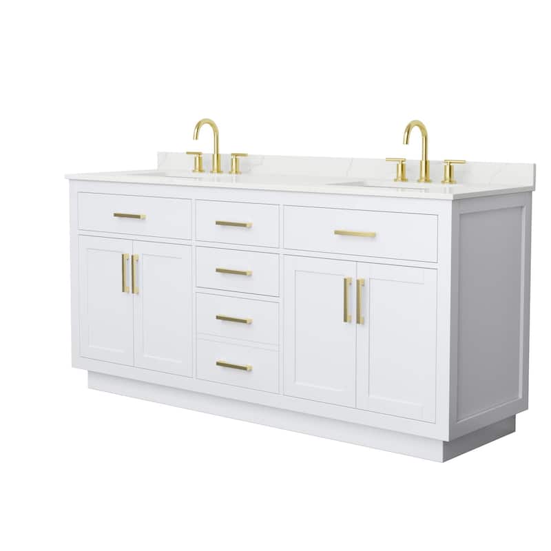 Beckett TK 72-inch Double Vanity, 3 Hole Quartz Top - White, Gold Trim, Giotto Quartz Top