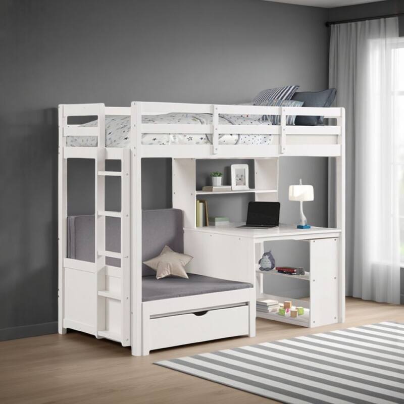 Sirius Twin Loft Bed with Writing Desk, Shelf Unit, White Pine Wood
