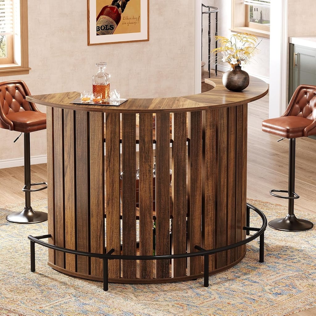 39.4” H Brown MDF Arc Shaped Bar Table, 4-Tier Home Bar Unit with Footrest