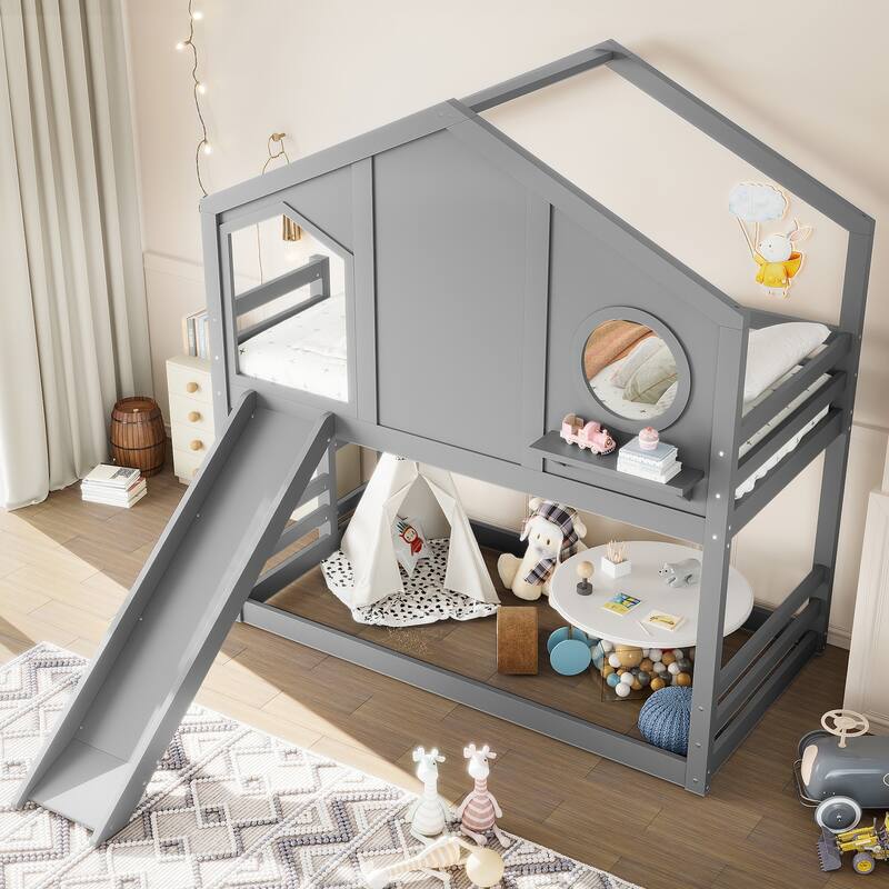 Twin House Bunk Bed with Slide and Storage Shelves, Solid Wood House Loft Bed with Window, Childlike Design