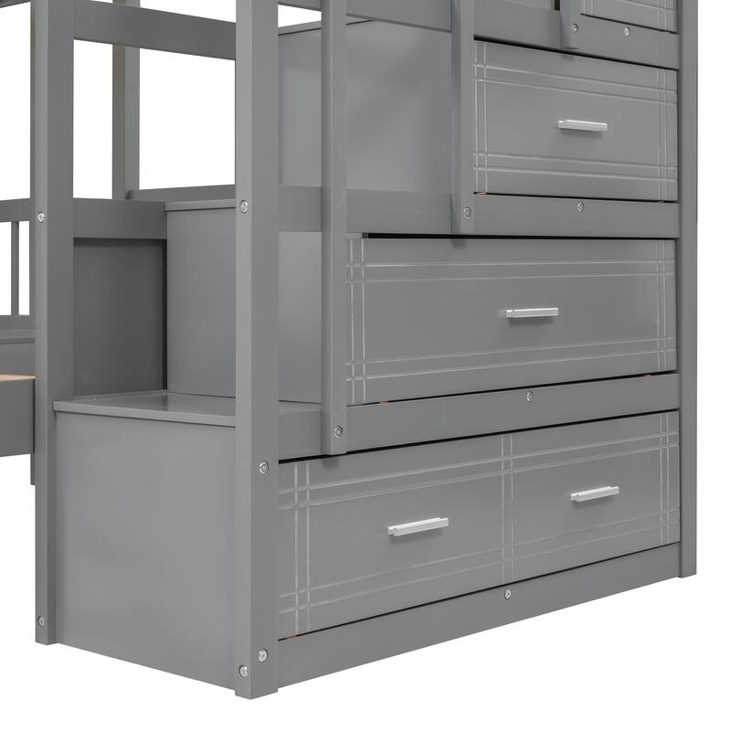 Space-Saving Full Over Twin & Twin Bunk Bed with Drawers and Guardrails, Gray