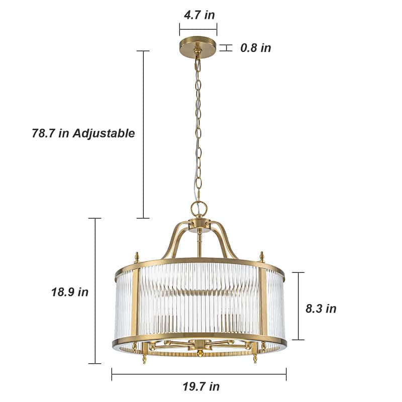 Modern Glam 5-Light Clear Ribbed Glass Drum Chandelier for Dining and Living Room - Gold