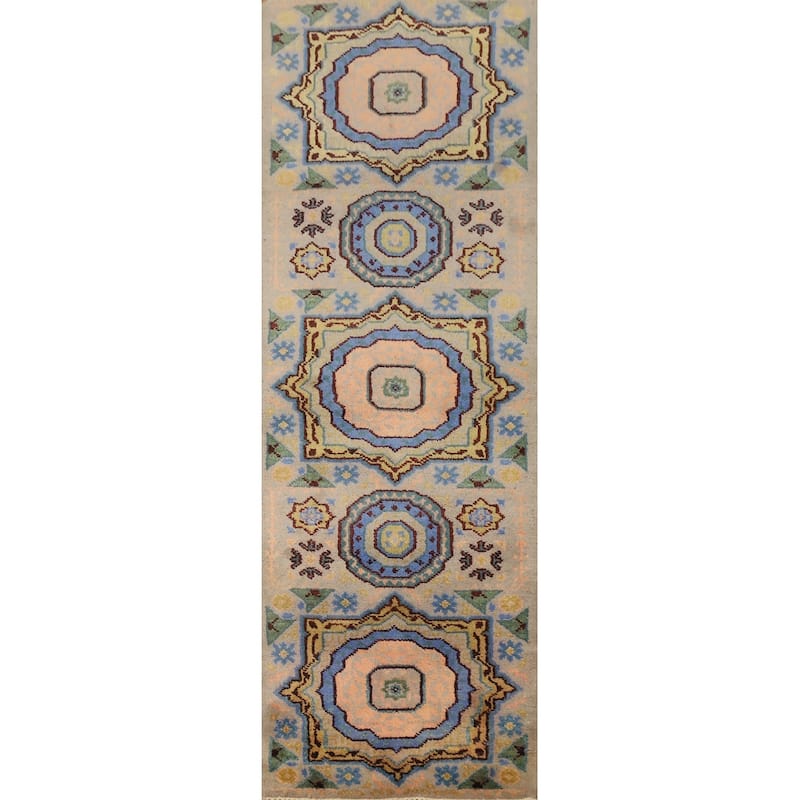 Hand Knotted Oriental 100% Wool Carpet Traditional Geometric Beige & Ivories Kazak Runner Rug - 8' 0'' X 2' 5''