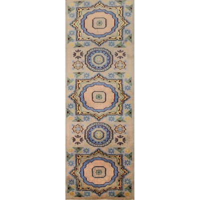 Hand Knotted Oriental 100% Wool Carpet Traditional Geometric Beige & Ivories Kazak Runner Rug - 8' 0'' X 2' 5''