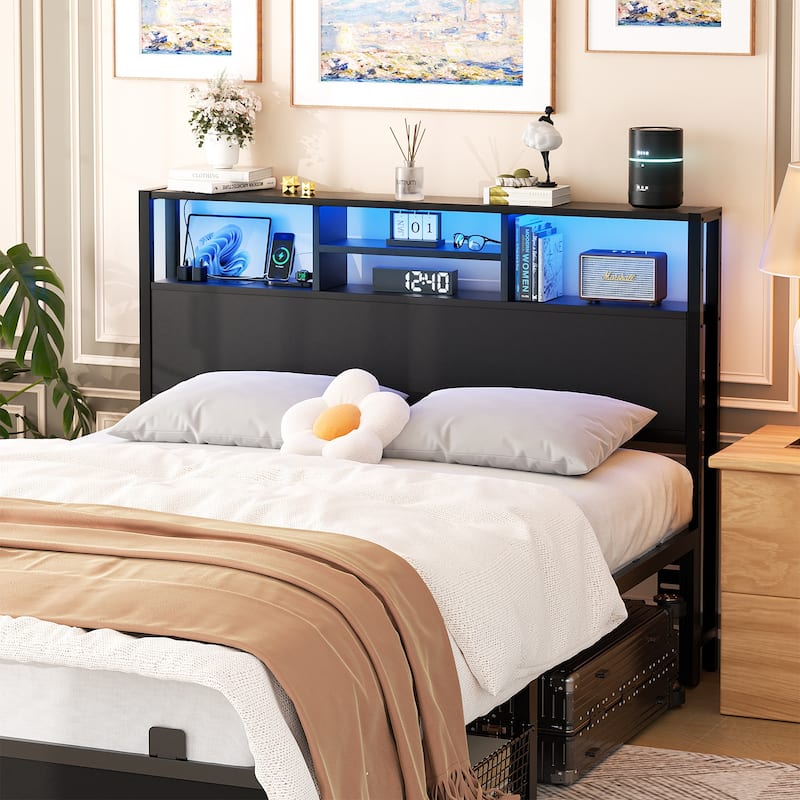 Headboard with Storage and Charge Station, Platform Bed Heaboard with LED Lights - Black - Full