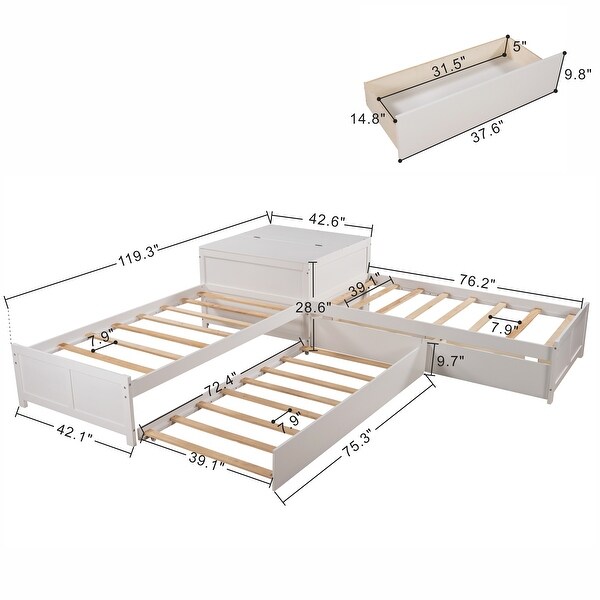 Twin Size L shaped Platform Bed with Trundle Bed and 2 Drawers