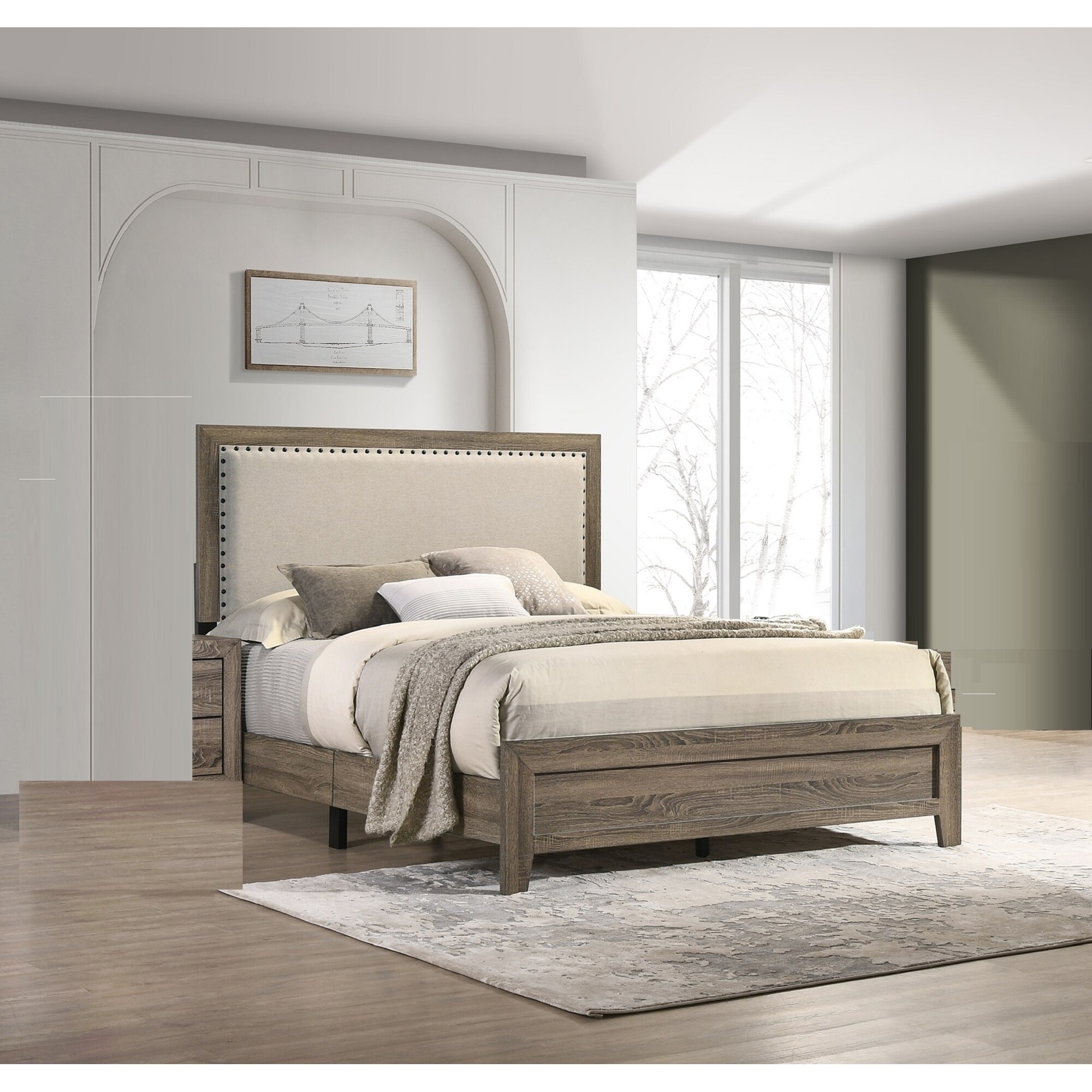 Grey upholstered bed with nailhead trim discount