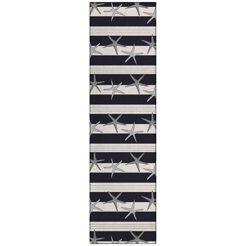 Indoor/ Outdoor Surfside Starfish Stripes Washable Rug New - Midnight - 2'3" x 7'6"