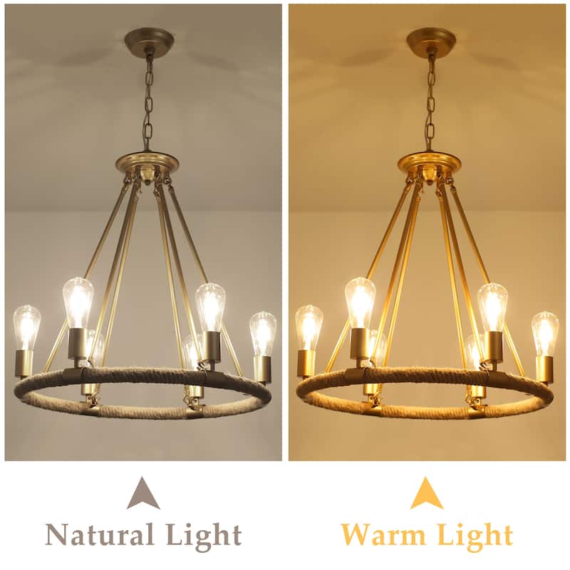 6-Light Farmhouse Chandelier, Modern Wagon Wheel Chandelier for Dining Room Living Room Bedroom Kitchen - W22.83"x H23.26"