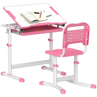 Kids Desk and Chairs Set, Height Adjustable Children School Study Desk with Tilt Desktop, Storage Drawer - Pink