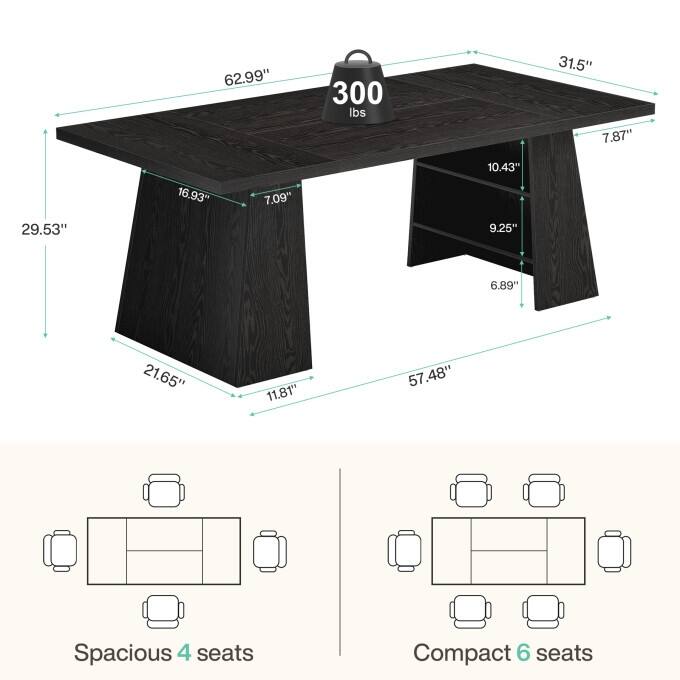 63" Rectangular Kitchen Dining Table for 4-6 People with Storage - 63" L x 31.1" W x 29.5" H