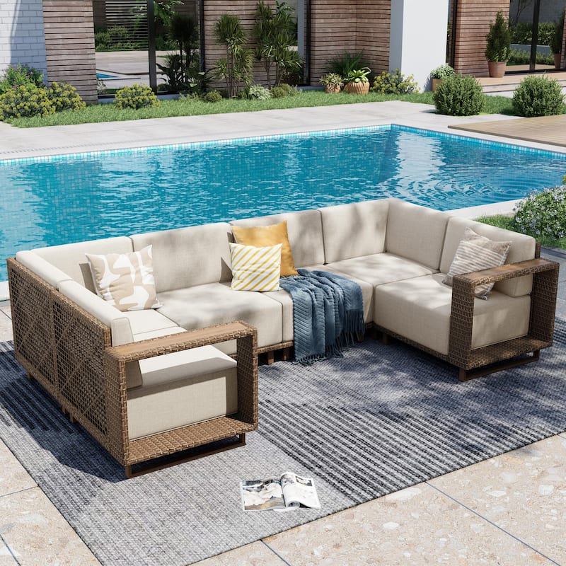 MAISON ARTS Modular Rattan Patio Sofa Set, All-Weather PE Wicker 4/6/8-Seat Outdoor Sectional with Thick Cushions -  Durable PE Wicker & Wood-Plastic.|D.