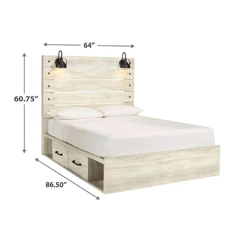Cemy Rustic Queen Panel Bed, 2 Sconce Lights and 4 Drawers, Whitewash