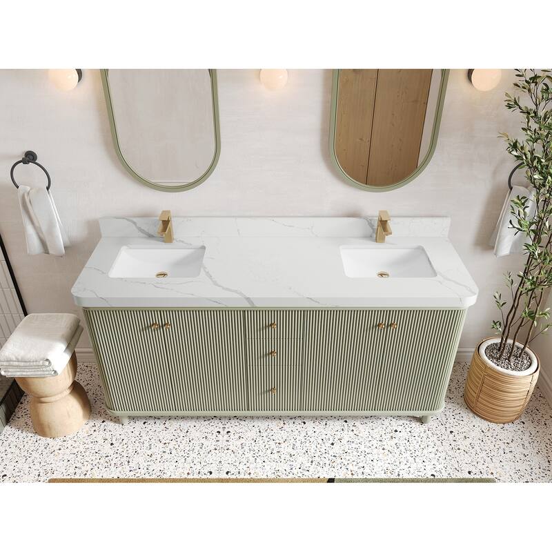 Willow Collections 72 in. W x 22 in. D Reeded Miami Double Bowl Sink Bathroom Vanity with Countertop - 2”Calacatta Laza - Evergreen
