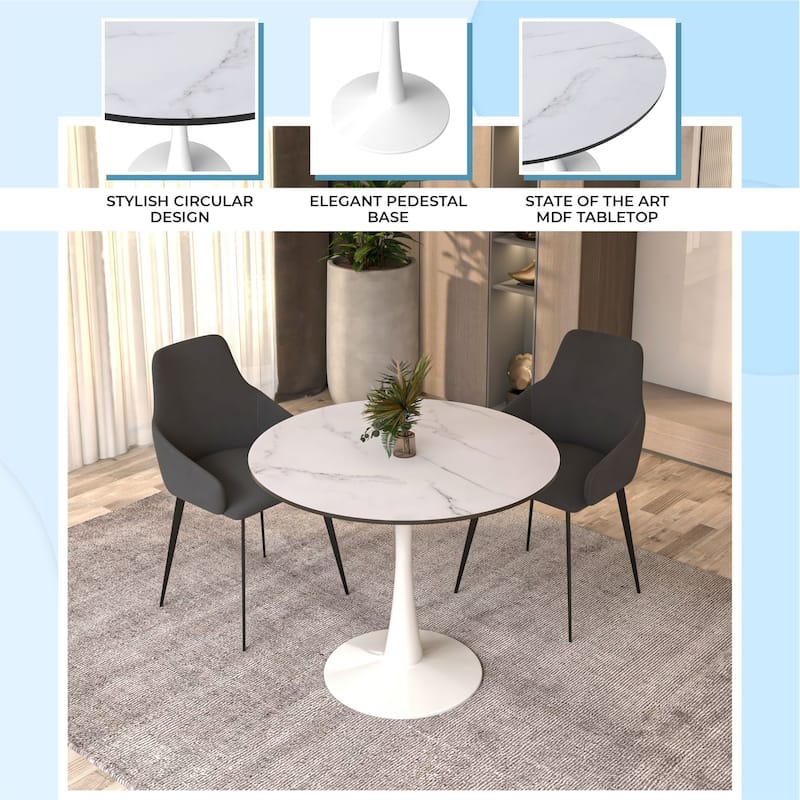 Bristol 35" Round Dining Table with Modern Glass, MDF or Sintered Stone - Sturdy Steel Pedestal Base for Kitchen, Dining, Cafe