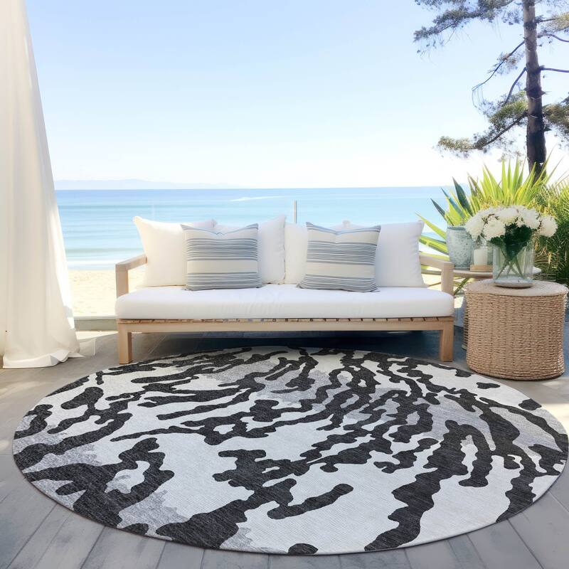 Machine Washable Indoor/ Outdoor Chantille Abstract Animal Print Rug - Black - 8' x 8'