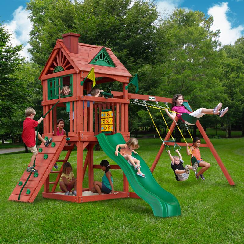 Gorilla Playsets Nantucket II Wood Swing Set with Wave Slide - Redwood - 15.5 ft W x 13 ft D x 10.5 ft H - Redwood - Swing Set - 15.5 ft W x 13 ft D x 10.5 ft H - Kids