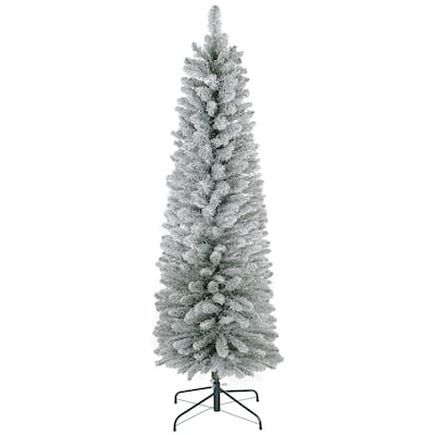 Pre-Lit Snow Flocked Artificial Christmas Tree with Hinged Sections & Metal Stand for Quick Setup, 5ft, 6ft, 8ft, 9ft