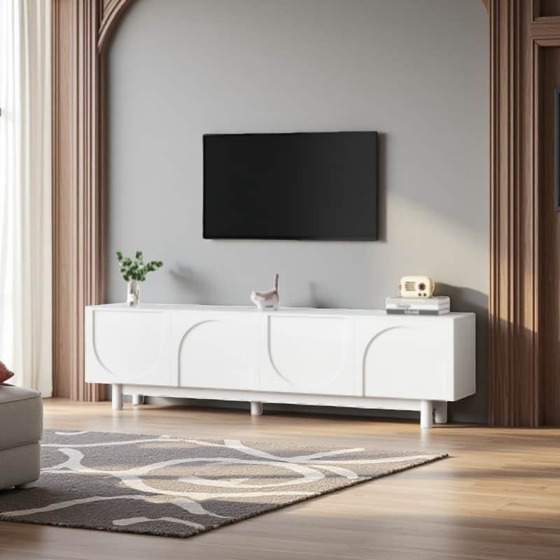 70'' Minimalist TV Stand with Arch Cabinet Doors & Solid Wood Legs, Adjustable Shelves & Cable Management