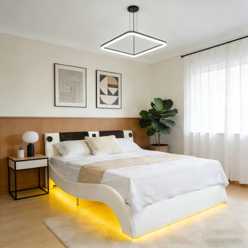 King Size Faux Leather Upholstered Platform Bed Frame with LED lighting, Bluetooth connection to play music control - White