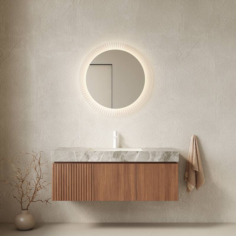 30"/36"/48" Wall-Mounted Bathroom Vanity with Ceramic Sink, Sintered Stone Countertop Floating Bathroom Storage Cabinet - Brown Oak,Light Gray - 48 Inch