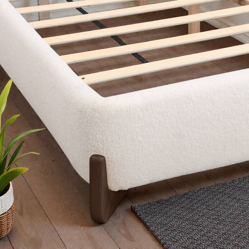 Boucle Upholstered Bed with Solid Wood Legs, Modern Queen/King Platform Bed, Soft Fabric Bedroom Centerpiece