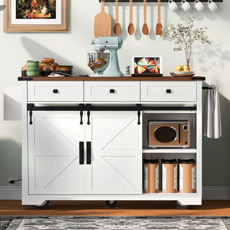 Roomfitters 53.7" Farmhouse Kitchen Island with Power Outlet, 2 Sliding Barn Door Kitchen Storage Island with Drop Leaf